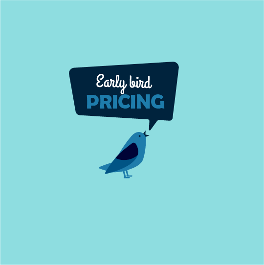 cute blue bird with speech bubble early bird pricing