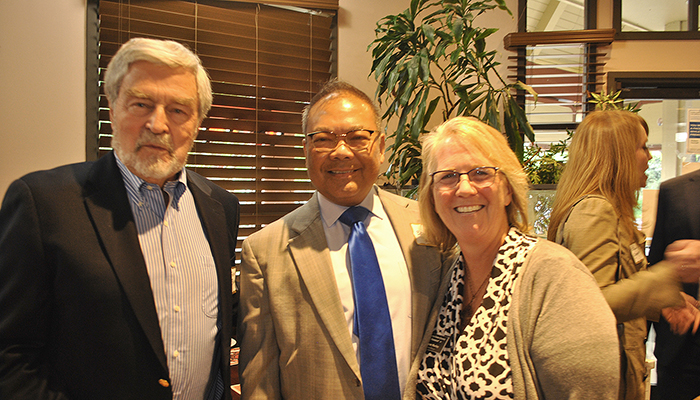 Justice Terence Bruiniers (ret.) with Judge Benjamin Reyes and Theresa Hurley at CCCBA's Lunar New Year 2022 in Walnut Creek.