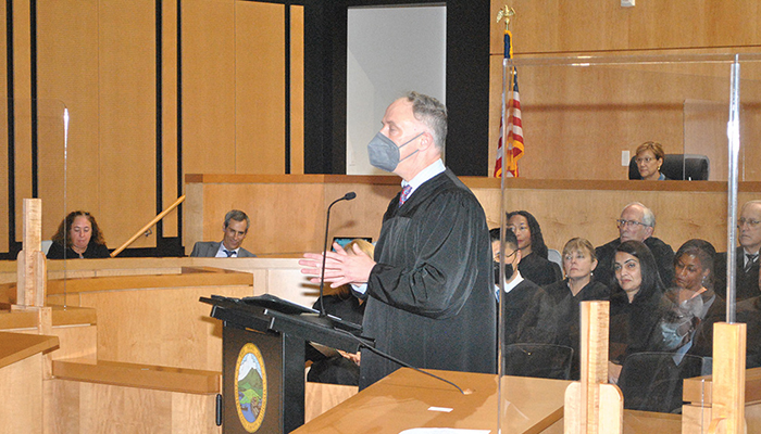 Judge Christopher Bowen was the master of ceremonies at the dual judicial induction ceremony for Judges Jennifer Lee and Judge Kirk Athanasiou in Martinez June 3, 2022.