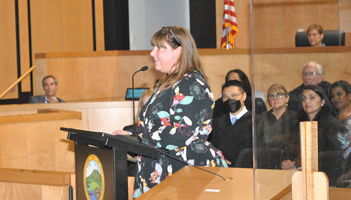 Judge Jennifer Lee's sister, Amy Feitelberg spoke at Judge Lee's induction ceremony in Martinez on June 3, 2022.