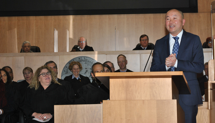 Hon. Jason B. Chin spoke at Judge Shara Beltramo's judicial induction.