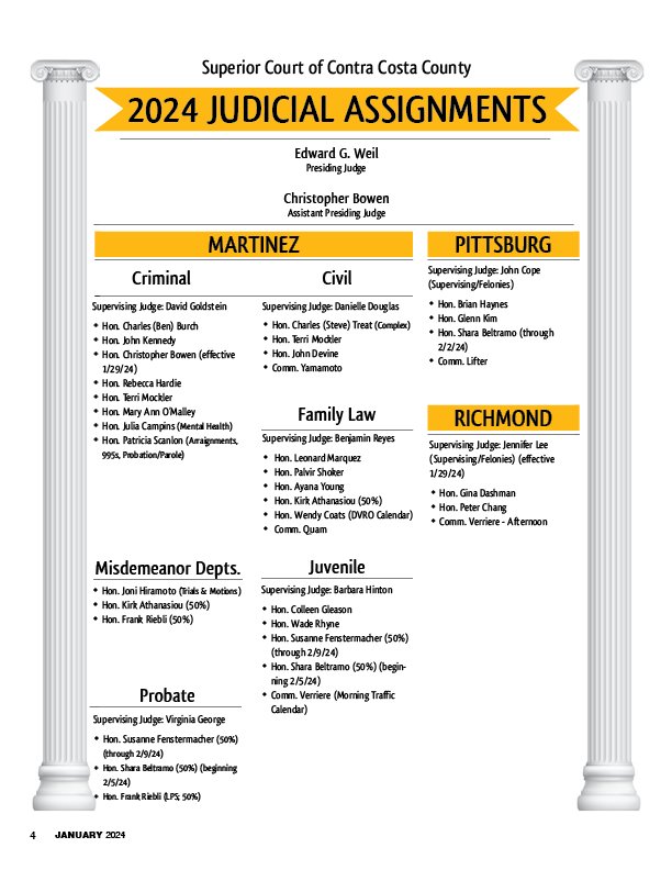 Judicial Assignments for Superior Court of Contra Costa as of January 2024.