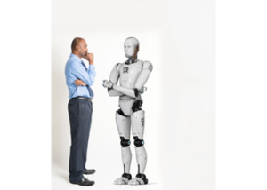 Man looking at life size robot